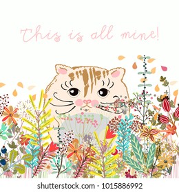 Cute illustration with cat between field summer flowers