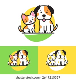 Cute illustration of a cat and dog with orange and white patches, tongue out. Simple pet or animal service branding logo or symbol, with color variations