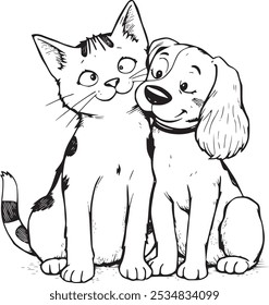 Cute illustration of a cat and dog, symbolizing friendship. Perfect for coloring activities, this adorable duo showcases a heartwarming bond, ideal for kids to explore their creativity and love 