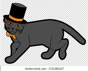 cute illustration of cat with monocle in the cylinder and bowtie