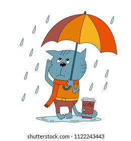 cute illustration with cat in the rain