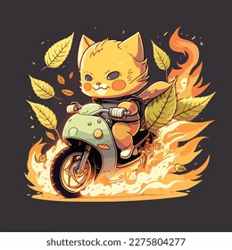 CUTE ILLUSTRATION OF CAT RIDING BURNING BIKE