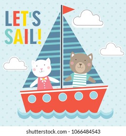 cute illustration cat sailing with the boat