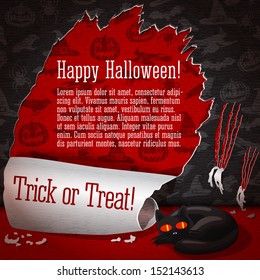 Cute illustration of cat, torn apart the halloween wallpapers and look like she did not do that. With red halloween wallpapers underneath, halloween greeting and place for your text. Vector