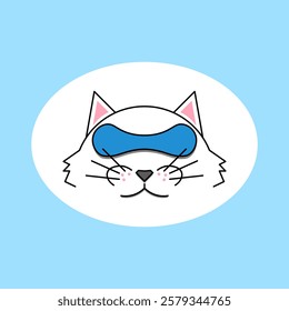 A cute illustration of a cat wearing a blue sleep mask, pink cheeks, and a small black nose. Perfect for themes related to sleep, relaxation, and pets.