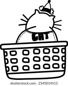 Cute illustration of a cat wearing a small hat and scarf labeled "CAT," sitting in a basket. Simple black and white line art.