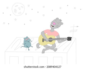 A cute illustration of a cat who sings, plays the guitar and sits on the roof with a mouse. Friendship and love of a cat and a mouse that sing under the moon. March Cat Songs