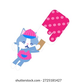 A cute illustration of a cat working at an ice cream shop holding a giant ice cream candy.