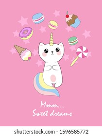 Cute illustration with Caticorn and cute elements.Kawaii style.