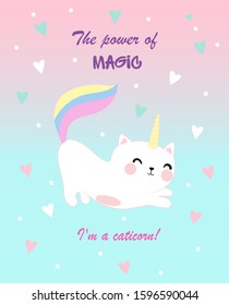 Cute illustration with Caticorn and cute elements.Kawaii style.