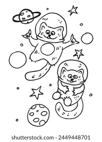 Cute illustration of cats astronauts in space with stars and planets. Black vector linear drawing on a white background.