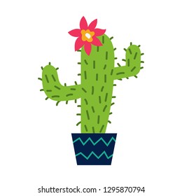 Cute illustration of catus in the tub. Cactus is blooming. Cool hand drawn design vector illustration. 