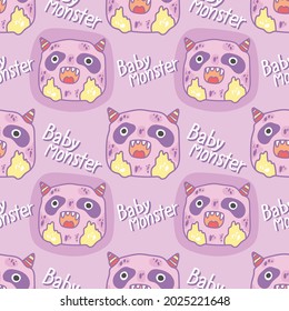 Cute illustration character pattern  little monster with purple background for for kids product, fabric, wrapping paper, wallpaper