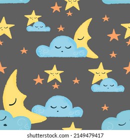 Cute illustration with the characters of the night sky moon, cloud, star. seamless pattern for children textiles
