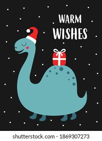 cute illustration with cheerful dinosaur in hat of santa claus and gift isolated on black background, funny character design for christmas cards, kids clothing, apparel, baby posters, greeting cards 