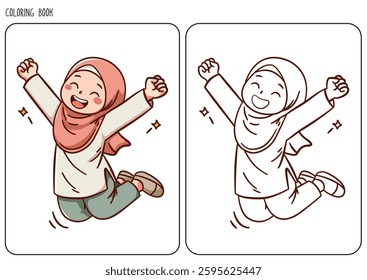 Cute illustration of a cheerful girl wearing a hijab, depicted as a coloring page for children emphasizing happiness, culture, and fun. Features vibrant outlines suitable for creative entertainment