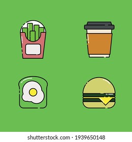 Cute Illustration of cheese burger, a cup of coffee, egg on toast, and french fries. modern simple food vector icon, flat graphic symbol in trendy flat design style.