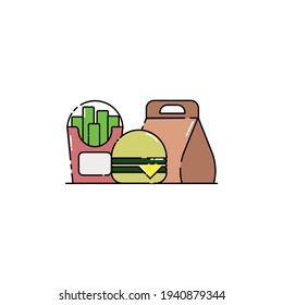 Cute Illustration of cheese burger, french fries, and its package. modern simple food vector icon, flat graphic symbol in trendy flat design style.