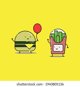 Cute Illustration of cheese burger and french fries holds balloon. modern simple food vector icon, flat graphic symbol in trendy flat design style, children wallpaper cartoon set.