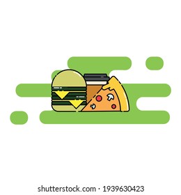 Cute Illustration of cheese burger, a slice of pizza, and cofee. modern simple food vector icon, flat graphic symbol in trendy flat design style.