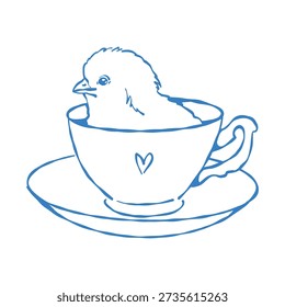 A cute illustration of a chick in a mug. Vector outline clip art for Easter and spring holidays. Romantic icon. 