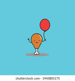 Cute Illustration of chicken drumstick holds balloon. modern simple food vector icon, flat graphic symbol in trendy flat design style, children wallpaper cartoon set.