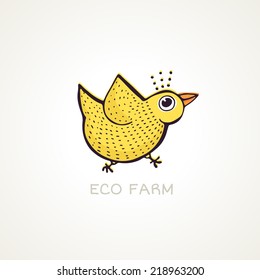 Cute illustration of a chicken made in vetor. Eco farm concept with yellow bird.