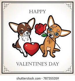 Cute illustration of chihuahua dogs with heart and rose for Valentine's day card. Vector illustration isolated on white.
