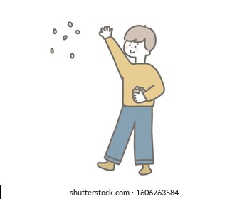 It is a cute illustration of a child doing sowing beans for Setsubun.