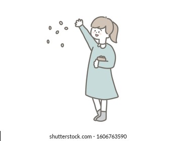 It is a cute illustration of a child doing sowing beans for Setsubun.