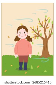 Linda ilustración de un niño que experimenta un día de otoño ventoso con árboles desnudos. Concepto educativo de Clima y temporada para niños.
