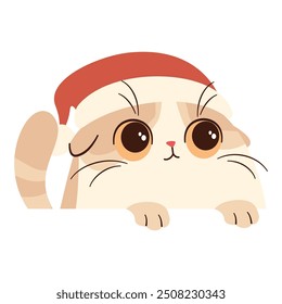 Cute illustration in childish style on white background. Cute kitten in Santa Claus hat looks out from behind him banner 