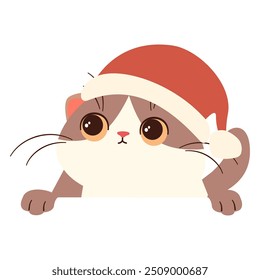 Cute illustration in childish style on white background. Cute kitten in Santa Claus hat looks out from behind him banner 