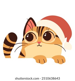 Ilustração bonita em estilo infantil sobre fundo branco. Gatinho bonito no chapéu de Papai Noel olha por trás dele banner 