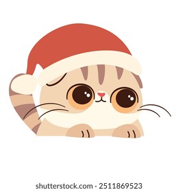 Cute illustration in childish style on white background. Cute kitten in Santa Claus hat looks out from behind him banner 