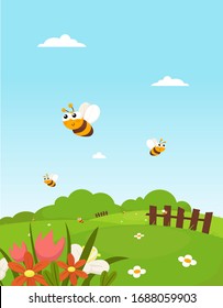 Cuidada ilustración para los niños. las abejas vuelan sobre el campo. las flores crecen en la pradera.