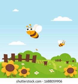 Cute illustration for the children. bees fly over the field. flowers grow in the meadow.