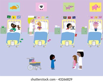 Cute Illustration Of Children In Hospital.