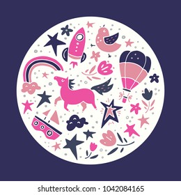 Cute illustration for childrens room with different transportation objects.