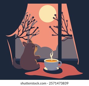 Cute illustration. Chinchilla with a cup of coffee on the background of the window at sunset.