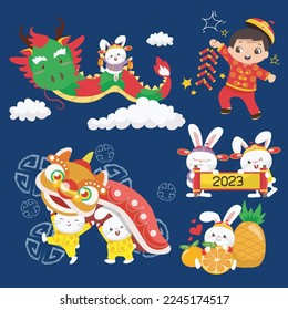 Cute illustration of Chinese lunar year. Chinese New Year. Water Rabbit year of 2023. Vector backgrounds.