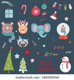 Cute illustration of christmas animals and decorations on blue background