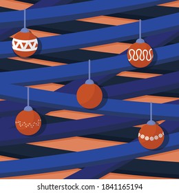 Cute illustration with Christmas decorative balls and ribbons. Orange background. Flat style illustration.