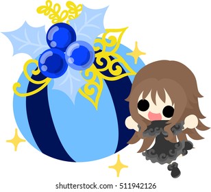 The cute illustration of Christmas and a girl -A big present-
