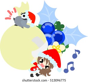 The cute illustration of Christmas and a girl -Santa Claus and a big bag-