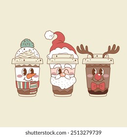 cute illustration of Christmas glasses with hot chocolate coffee of santa, reindeer and snowman