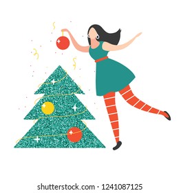 Cute illustration for Christmas and Happy New Year. Girl in the green dress is decorating glitter Christmas tree. Vector illustration. Isolated on white.