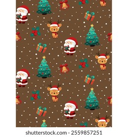 Cute illustration of Christmas patterns, with Santa characters holding gifts, reindeer wearing Christmas scarves and hats and a Christmas tree, cool for wrapping paper, t-shirt designs, clothes, etc