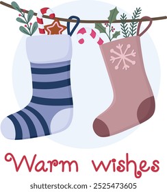 Cute illustration of christmas socks with plants and sweets. Hand drawn winter concept	