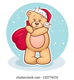 Cute Illustration Of Christmas Teddy Bear with gift bag, for xmas design.